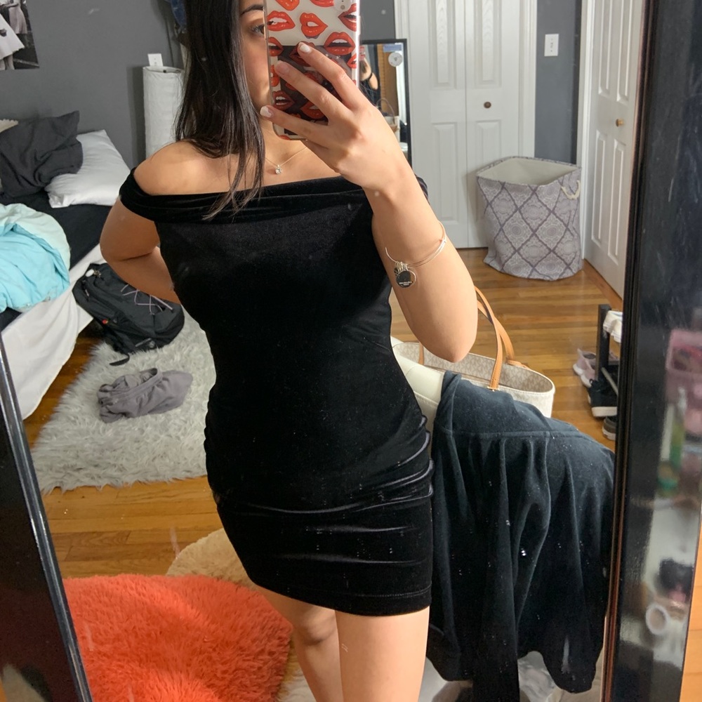 Windsor black velvet off the shoulder dress